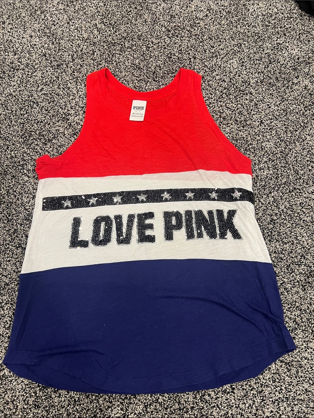 PINK Victoria's Secret Red White Navy 'LOVE PINK' Sequin Tank